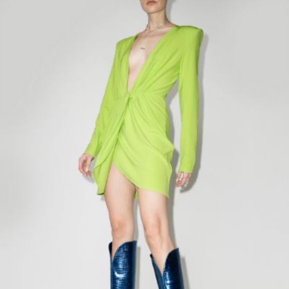NWT Gauge81 Lime Green Plunge Draped Mini Dress w Strong Shoulder Size M - Picture 2 of 12